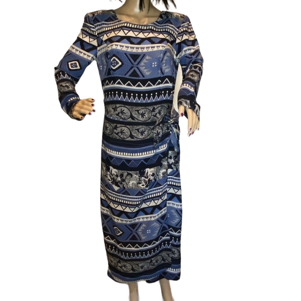 Leslie Lucks Long Vintage Faux Wrap Side Tie Long Sleeved Print Dress Size 6 VGC